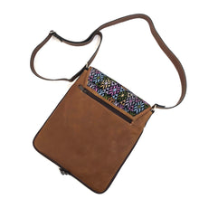 Load image into Gallery viewer, Cross Body Genuine Leather Hand Crafted Mayan Artisan Bag Brown Mayan huipil fabric body No. 21