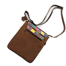 Load image into Gallery viewer, Cross Body Genuine Leather Hand Crafted Mayan Artisan Bag Brown Mayan huipil fabric body
