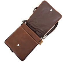 Load image into Gallery viewer, (Concealed Carry) Cross Body Genuine Leather Hand Crafted Mayan Artisan Bag Brown Mayan huipil fabric body No. 25