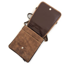 Load image into Gallery viewer, Cross Body Genuine Leather Hand Crafted Mayan Artisan Bag Brown Mayan huipil fabric body (Fruits, Flowers, Veggies, Grid Design)