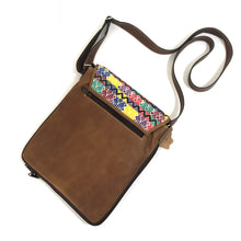 Load image into Gallery viewer, Cross Body Genuine Leather Hand Crafted Mayan Artisan Bag Brown Mayan huipil fabric body No. 29