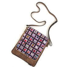 Load image into Gallery viewer, Cross Body Genuine Leather Hand Crafted Mayan Artisan Bag Brown Mayan huipil fabric body (Fruits, Flowers, Veggies, Grid Design)