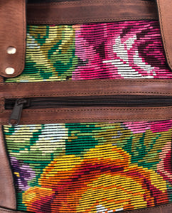 Full Grain Leather Handbag with Mayan Huipil Fabric Body No. 33