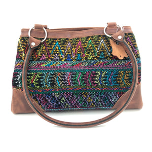 Full Grain Leather Handbag with Mayan Huipil Fabric Body No. 23