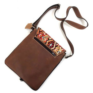 (Concealed Carry) Cross Body Genuine Leather Hand Crafted Mayan Artisan Bag Brown Mayan huipil fabric body No. 25