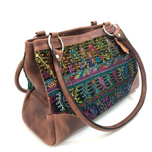 Full Grain Leather Handbag with Mayan Huipil Fabric Body No. 23