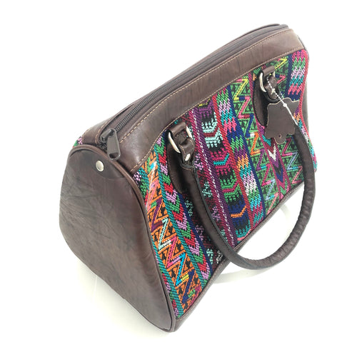 Full Grain Leather Handbag with Mayan Huipil Fabric Body No. 30