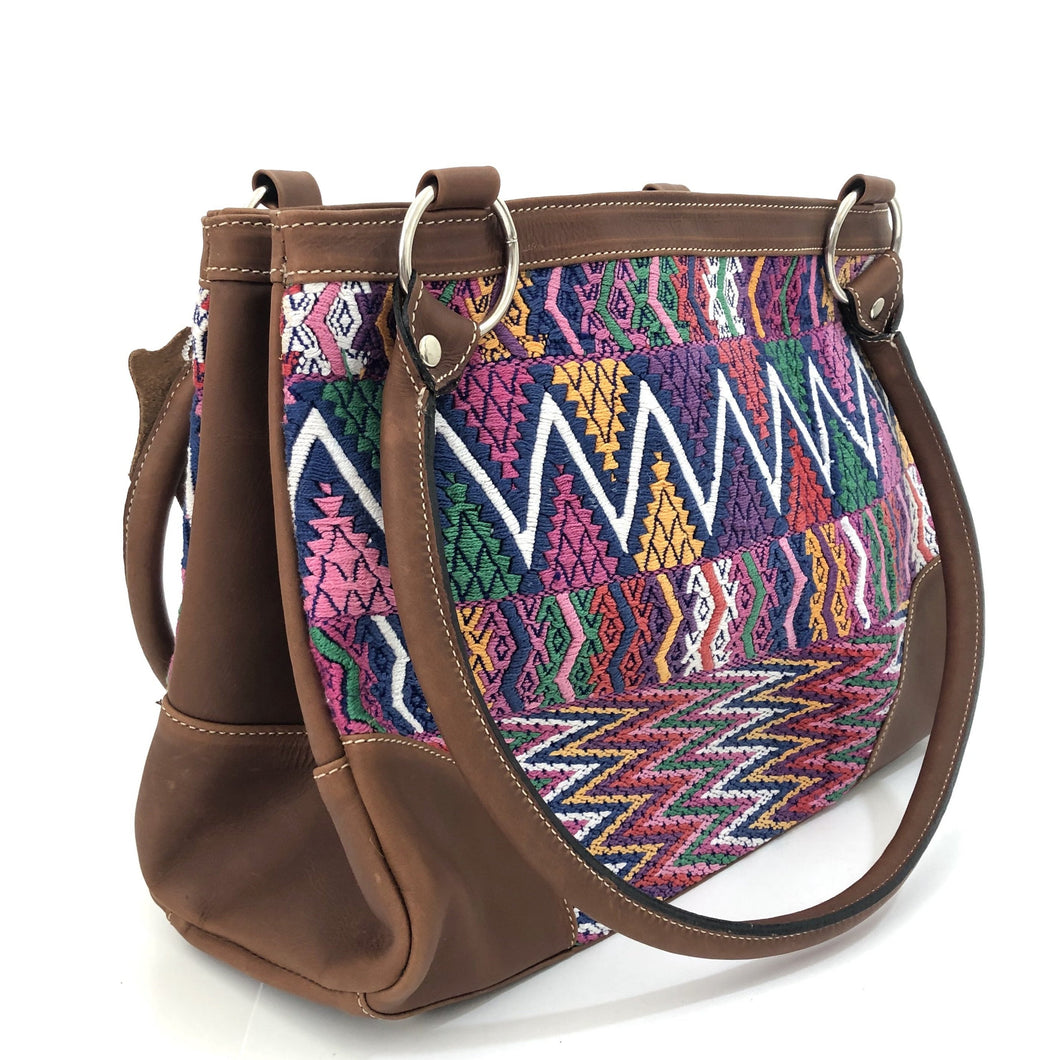 Full Grain Leather Handbag with Mayan Huipil Fabric Body No. 27