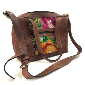 Full Grain Leather Handbag with Mayan Huipil Fabric Body No. 33
