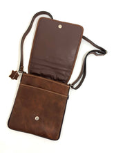 Load image into Gallery viewer, Cross Body Genuine Leather Hand Crafted Mayan Artisan Bag Brown Mayan huipil fabric body