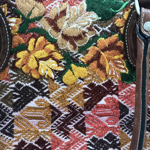 Full Grain Leather Handbag with Mayan Huipil Fabric Body No. 35