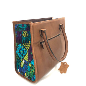 Genuine Full Grain Leather Handbag with Mayan Huipil Fabric Body No. 17