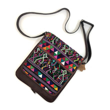 Load image into Gallery viewer, Cross Body Genuine Leather Hand Crafted Mayan Artisan Bag Brown Mayan huipil fabric body No. 19