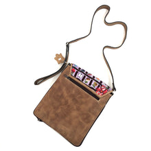 Load image into Gallery viewer, Cross Body Genuine Leather Hand Crafted Mayan Artisan Bag Brown Mayan huipil fabric body (Fruits, Flowers, Veggies, Grid Design)