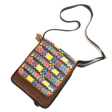 Load image into Gallery viewer, Cross Body Genuine Leather Hand Crafted Mayan Artisan Bag Brown Mayan huipil fabric body No. 29
