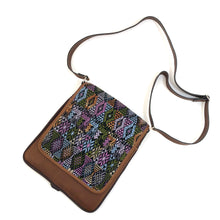 Load image into Gallery viewer, Cross Body Genuine Leather Hand Crafted Mayan Artisan Bag Brown Mayan huipil fabric body No. 21